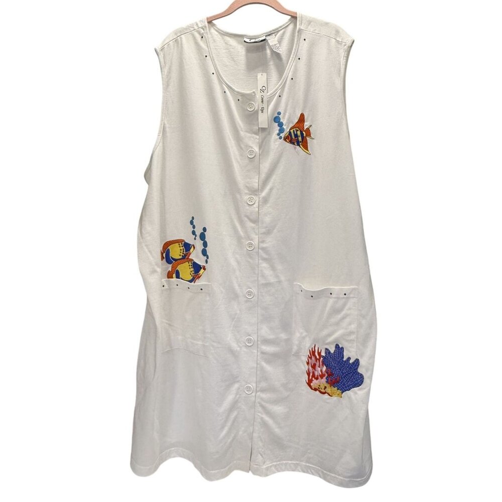 CZ Cover Ups Womens 5X White Button Cover-Up Fish Coral Embroidery Beach Pool